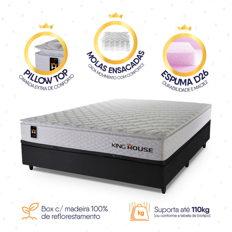 Cama Box Baú Branco e Preto New Moon 138x188x73 c/ Molas Ensacadas Espuma D26 Suporta 110 kg