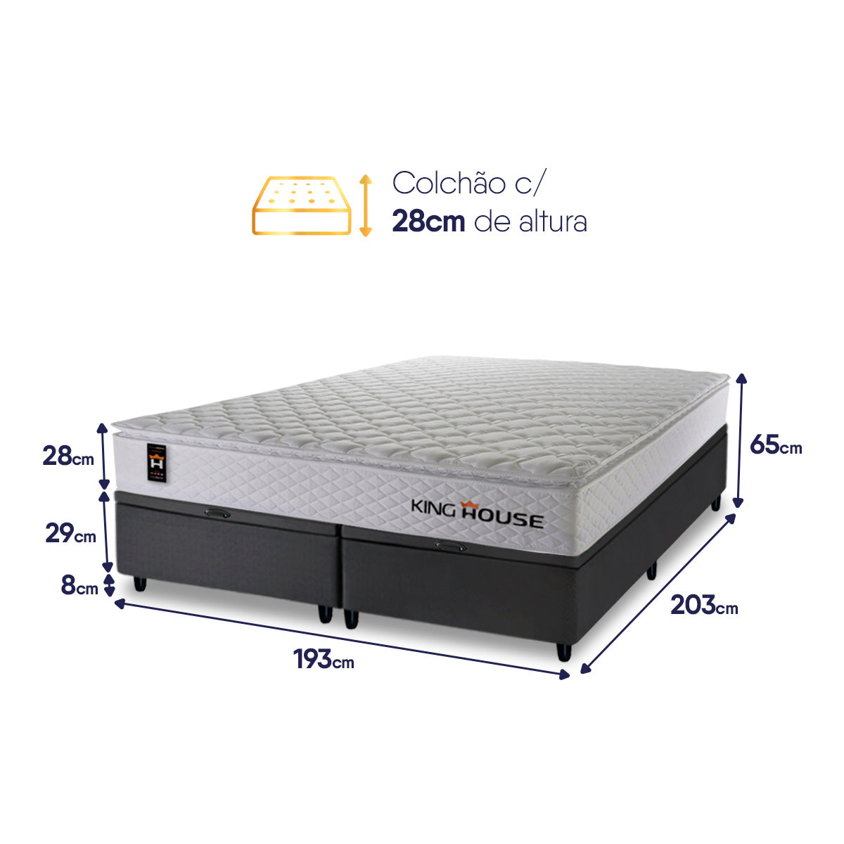 Cama Box Baú New Moon c/ Molas Ensacadas 193x203 Branco e Preto Espuma D26 Suporta 110 kg