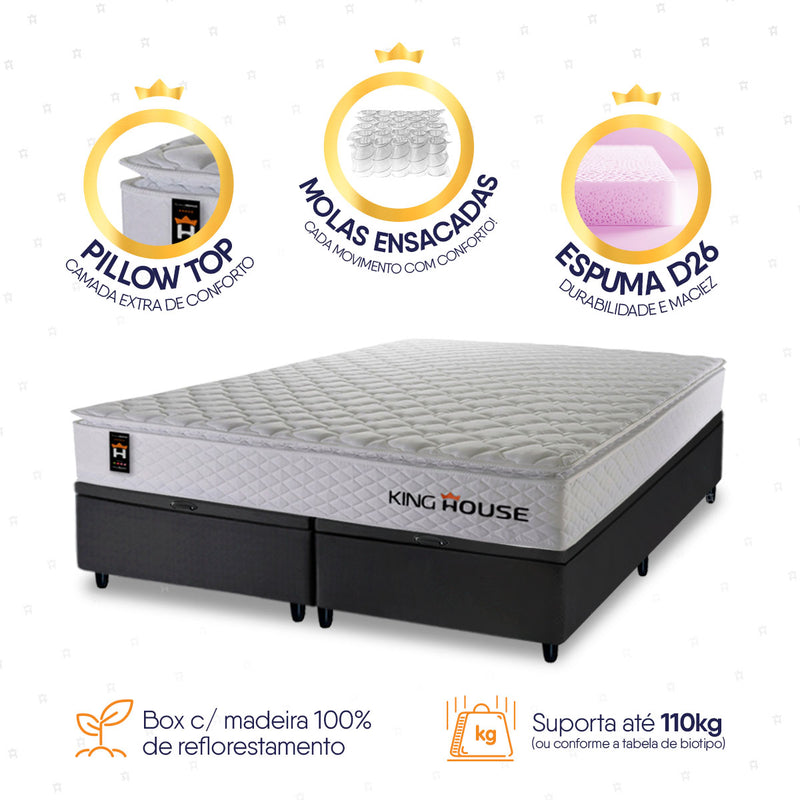Cama Box Baú New Moon c/ Molas Ensacadas 193x203 Branco e Preto Espuma D26 Suporta 110 kg