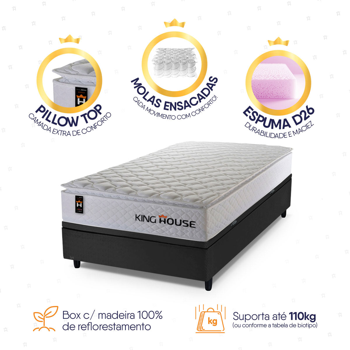 Cama Box Baú Branco e Preto New Moon 88x188x73 c/ Molas Ensacadas Espuma D26 Suporta 110 kg