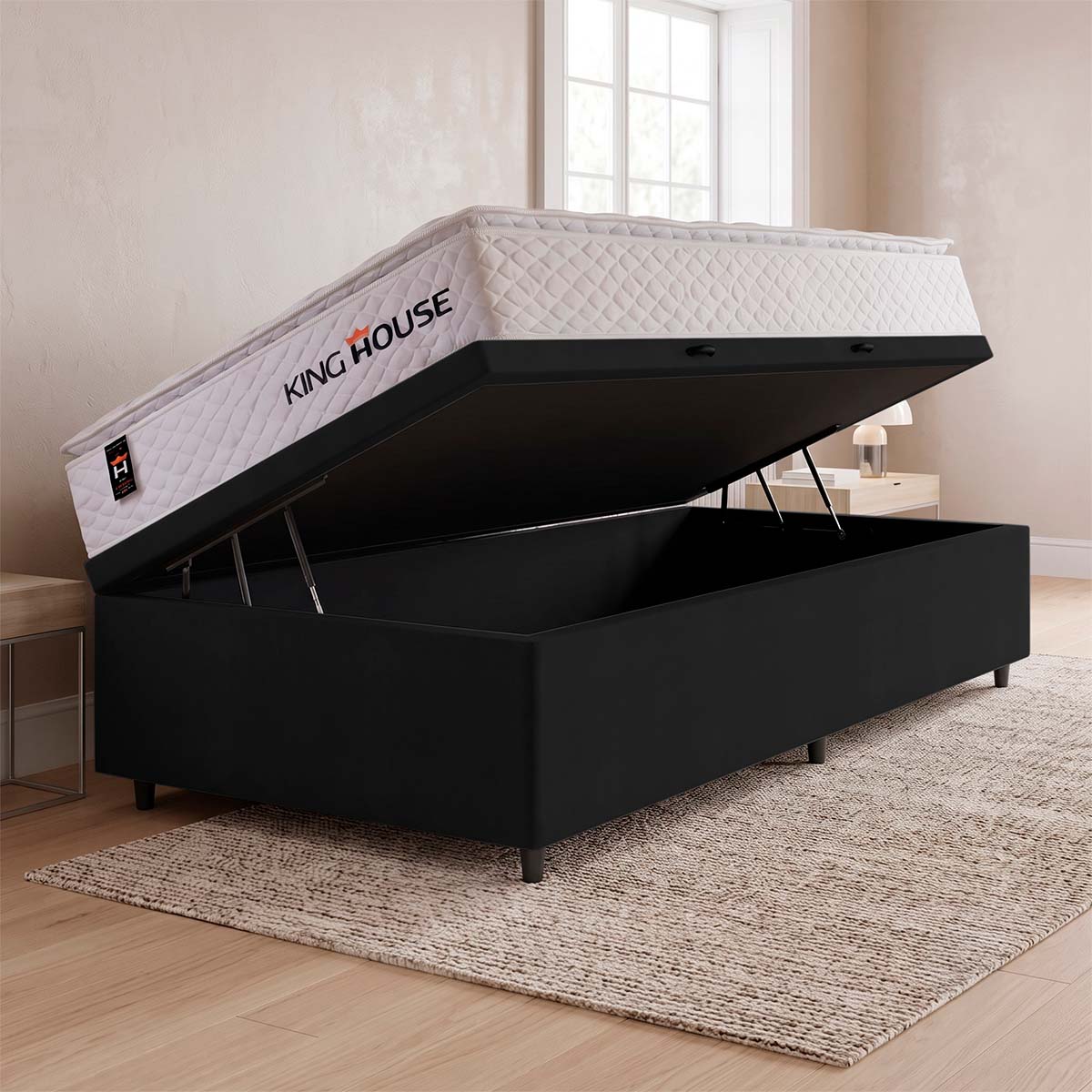 Cama Box Baú New Moon Branco e Preto 96x203x73 c/ Molas Ensacadas Espuma D26 Suporta 110 kg
