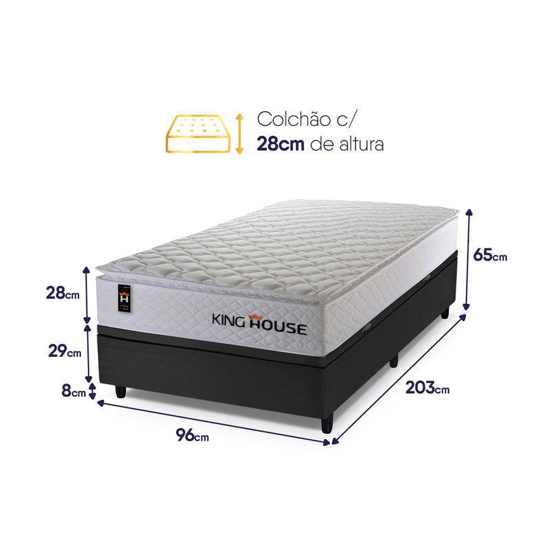 Cama Box Baú New Moon Branco e Preto 96x203x73 c/ Molas Ensacadas Espuma D26 Suporta 110 kg