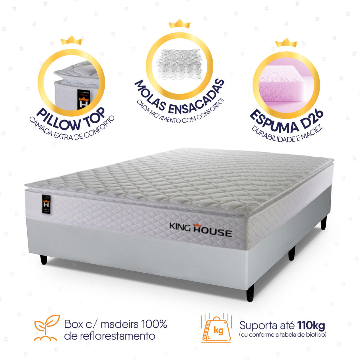 Cama Box Molas Ensacadas New Moon Casal 138x188 Branco Espuma D26 Suporta 120 Kg Por Pessoa
