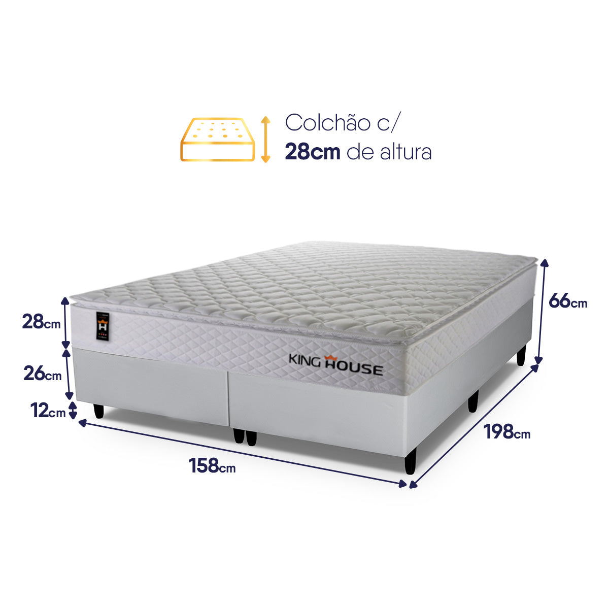 Cama Box c/ Molas Ensacadas New Moon Branco Queen 158x198x66 Espuma D26 Suporta 110 kg