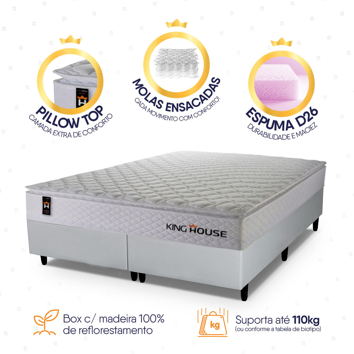 Cama Box c/ Molas Ensacadas New Moon Branco King 193x203x66 Espuma D26 Suporta 110 kg
