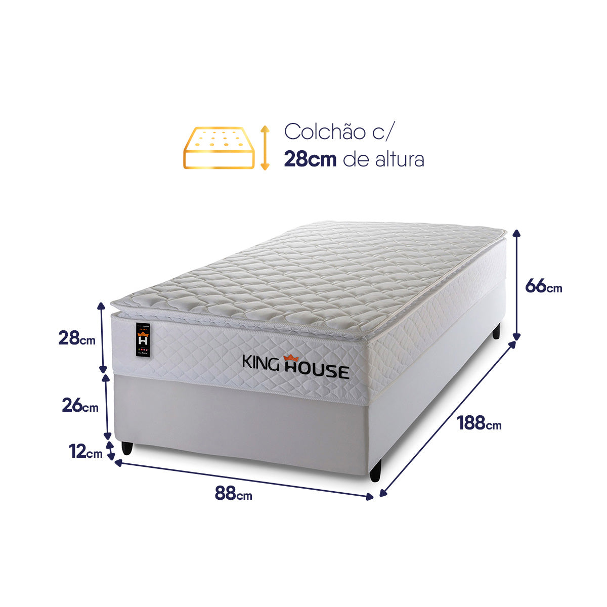 Cama Box Solteiro New Moon 88x188 Branco c/ Molas Ensacadas Espuma D88 Suporta 110 Kg Por Pessoa