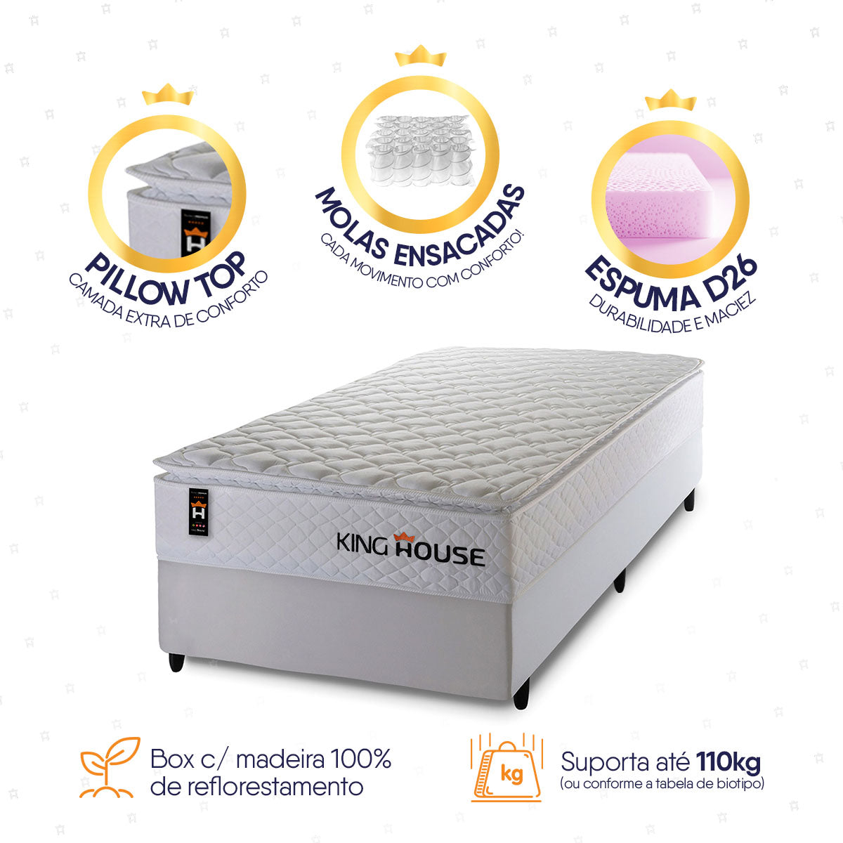 Cama Box Molas Ensacadas New Moon Solteiro 96x203 Branco Espuma D26 Suporta 120 Kg Por Pessoa