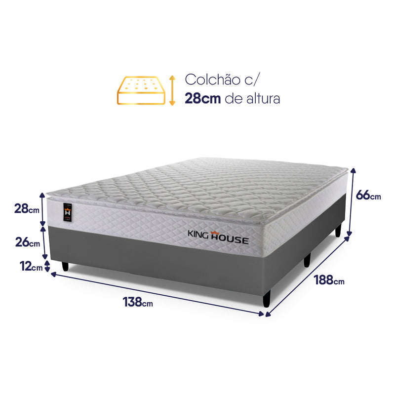 Cama Box Molas Ensacadas New Moon Casal 138x188 Cinza Espuma D26 Suporta 120 Kg Por Pessoa