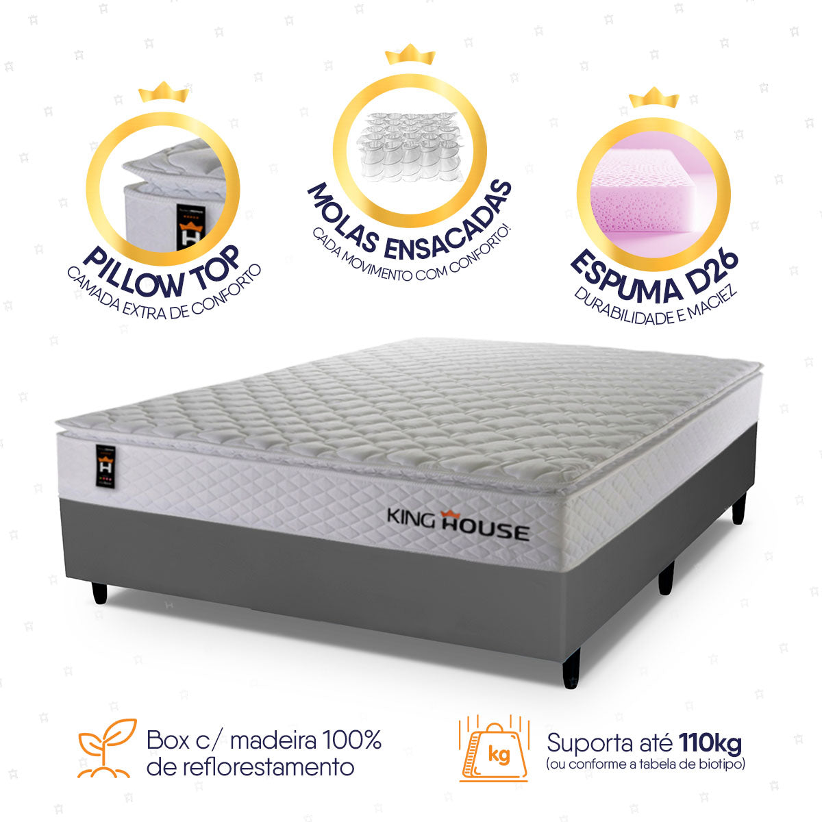 Cama Box Molas Ensacadas New Moon Casal 138x188 Cinza Espuma D26 Suporta 120 Kg Por Pessoa