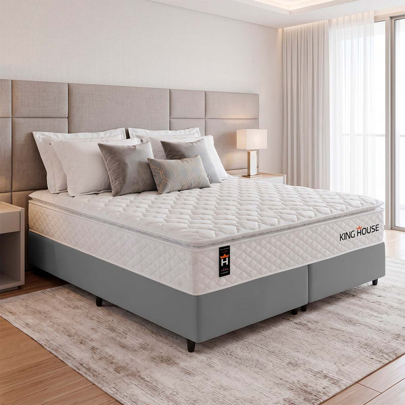 Cama Box Branco e Cinza c/ Molas Ensacadas New Moon Queen 158x198x66 Espuma D26 Suporta 110 kg