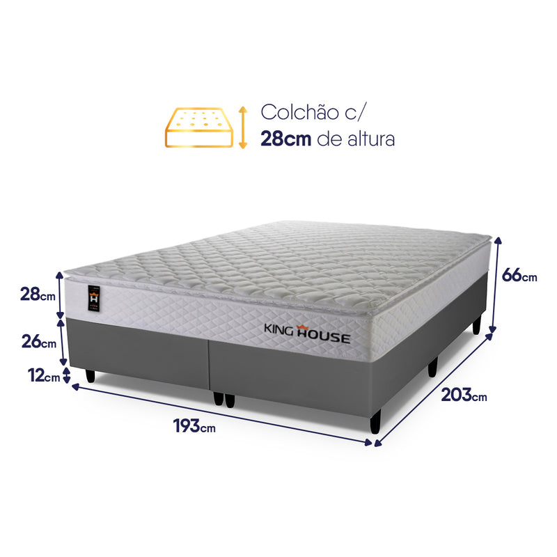 Cama Box Branco e Cinza c/ Molas Ensacadas New Moon King 193x203x66 Espuma D26 Suporta 110 kg