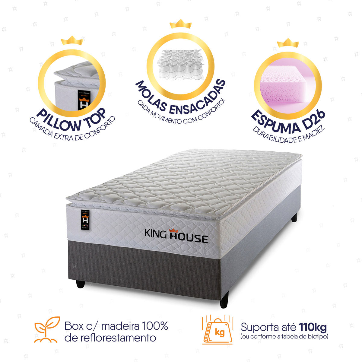 Cama Box Molas Ensacadas New Moon Solteiro 88x188 Cinza Espuma D26 Suporta 120 Kg Por Pessoa