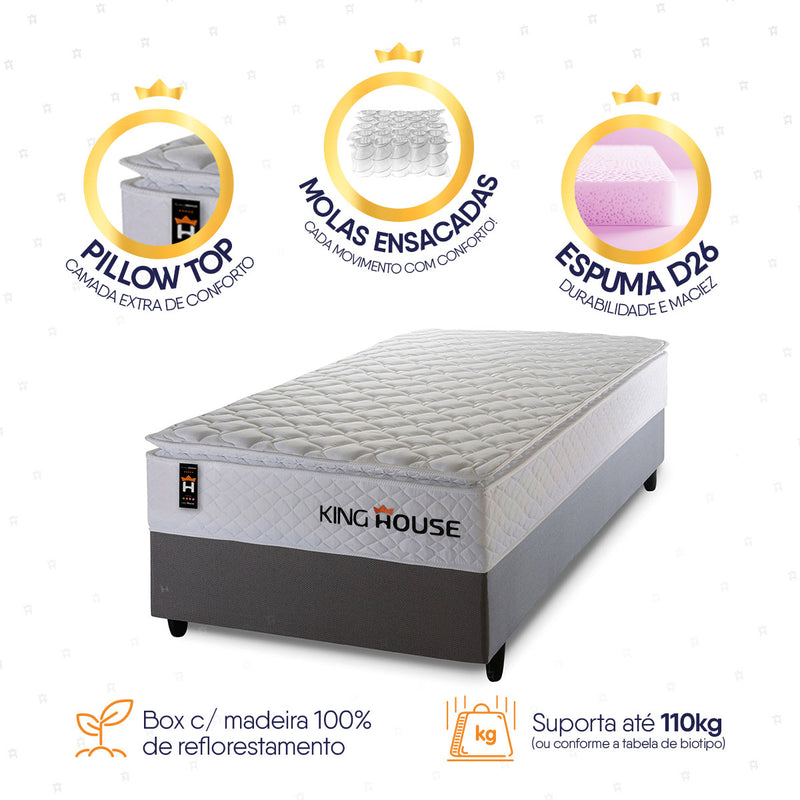 Cama Box Molas Ensacadas New Moon Solteiro 88x188 Cinza Espuma D26 Suporta 120 Kg Por Pessoa