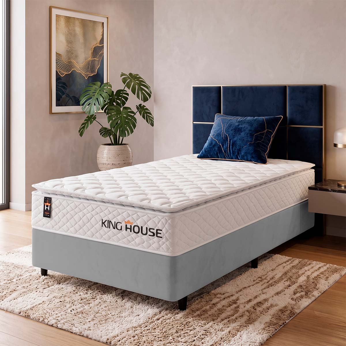Cama Box Molas Ensacadas New Moon Solteiro 96x203 Cinza Espuma D26 Suporta 120 Kg Por Pessoa