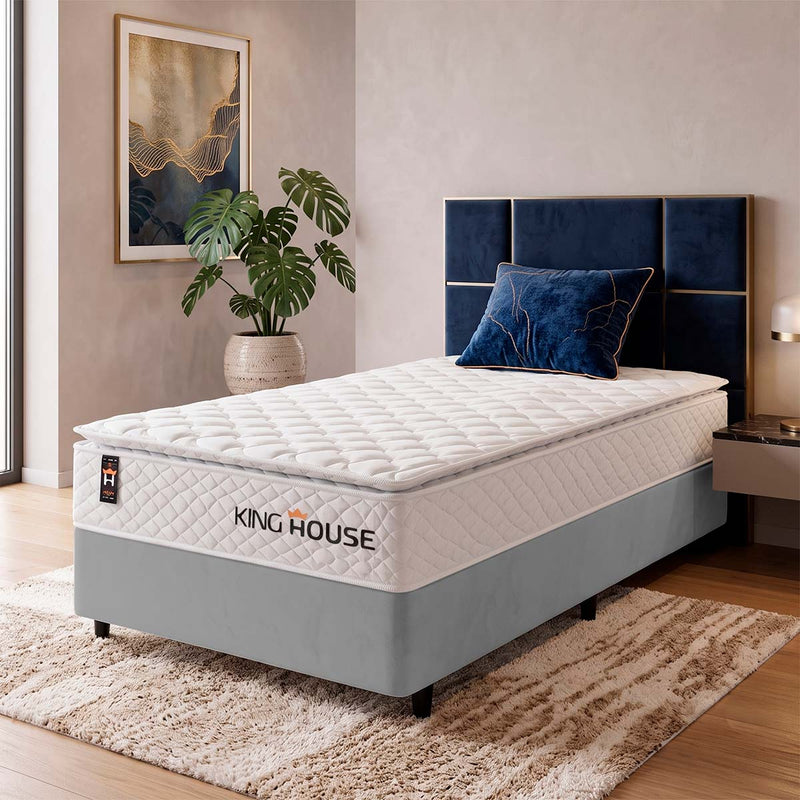 Cama Box Molas Ensacadas New Moon Solteiro 96x203 Cinza Espuma D26 Suporta 120 Kg Por Pessoa