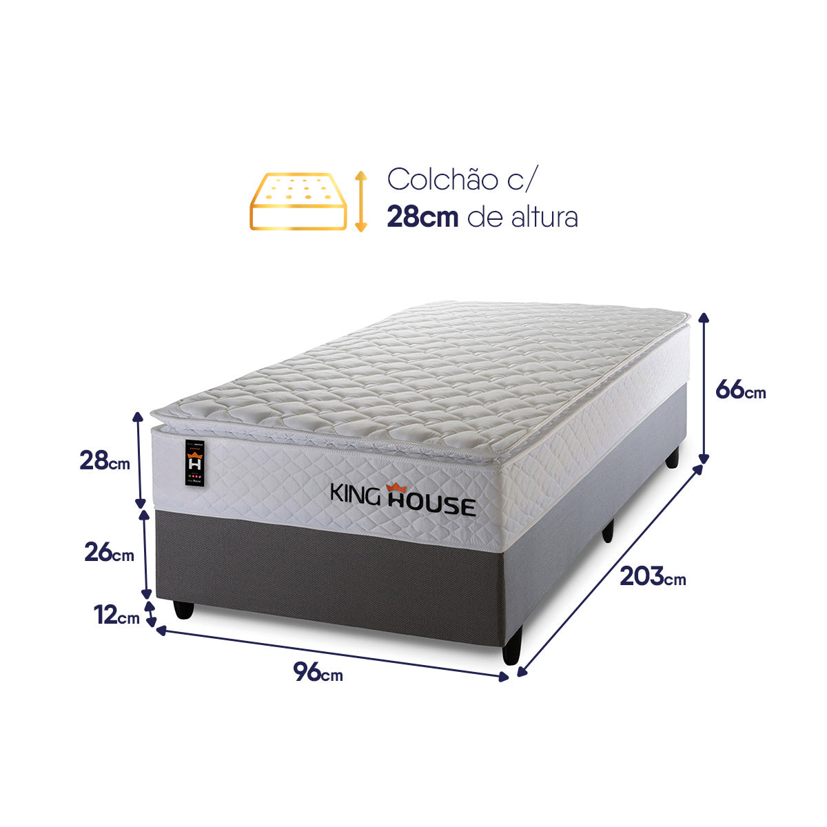 Cama Box Molas Ensacadas New Moon Solteiro 96x203 Cinza Espuma D26 Suporta 120 Kg Por Pessoa