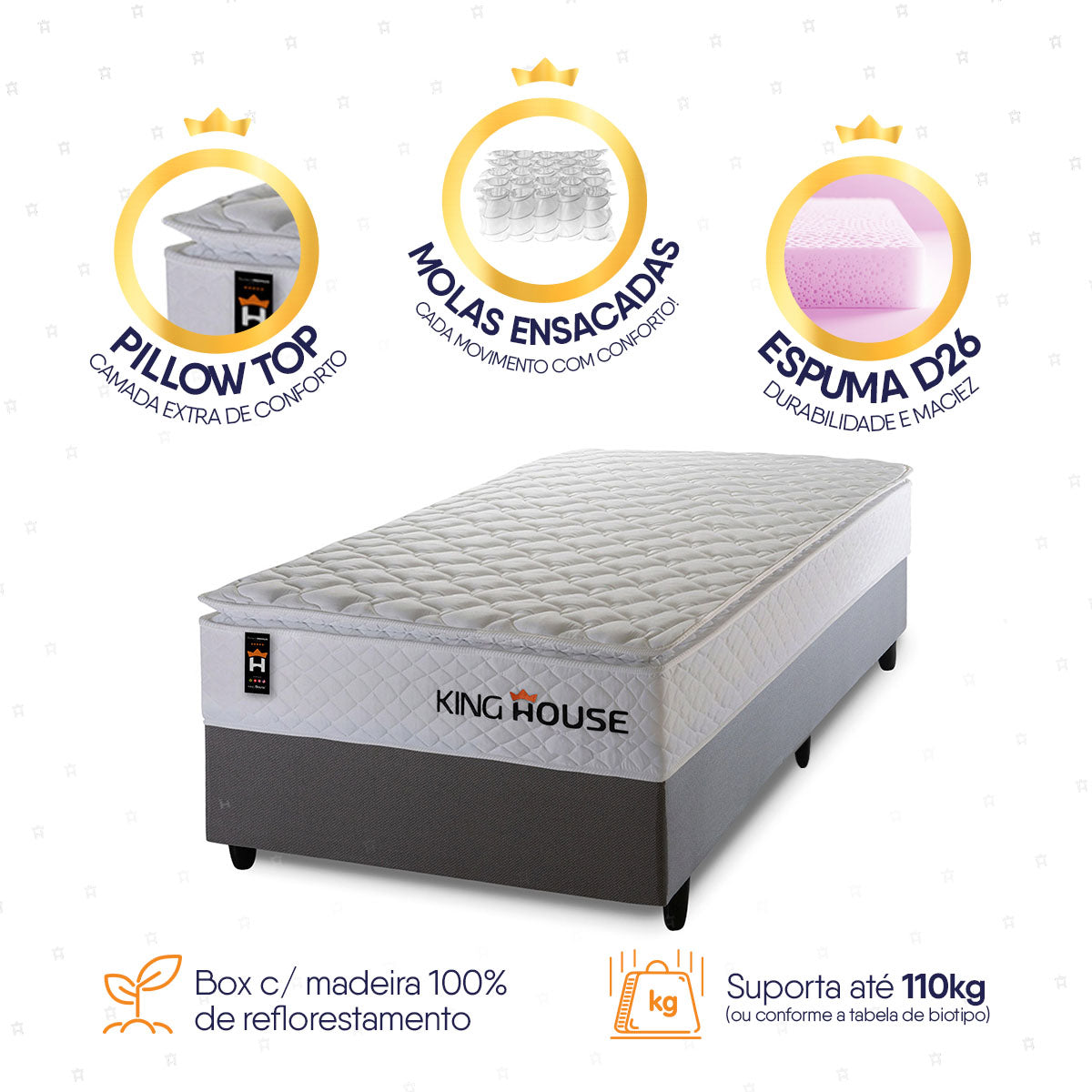Cama Box Molas Ensacadas New Moon Solteiro 96x203 Cinza Espuma D26 Suporta 120 Kg Por Pessoa