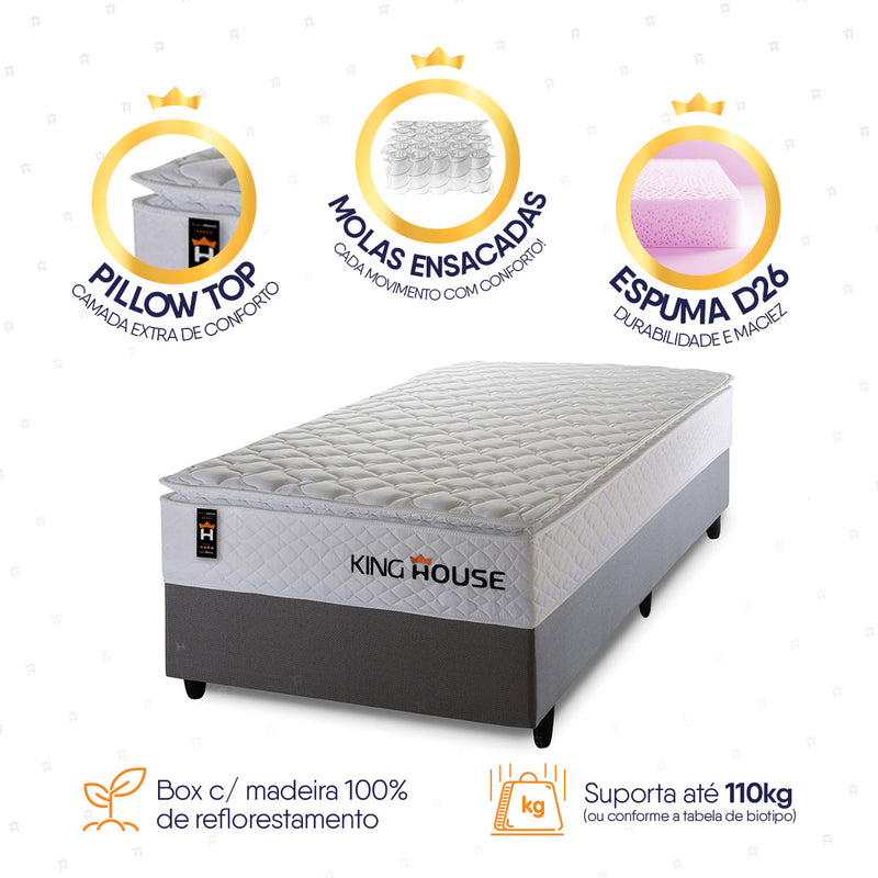Cama Box Molas Ensacadas New Moon Solteiro 96x203 Cinza Espuma D26 Suporta 120 Kg Por Pessoa