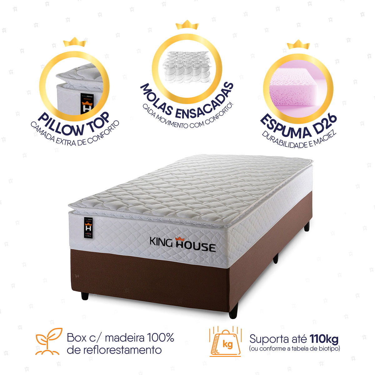 Cama Box Molas Ensacadas New Moon Solteiro 96x203 Marrom Espuma D26 Suporta 120 Kg Por Pessoa