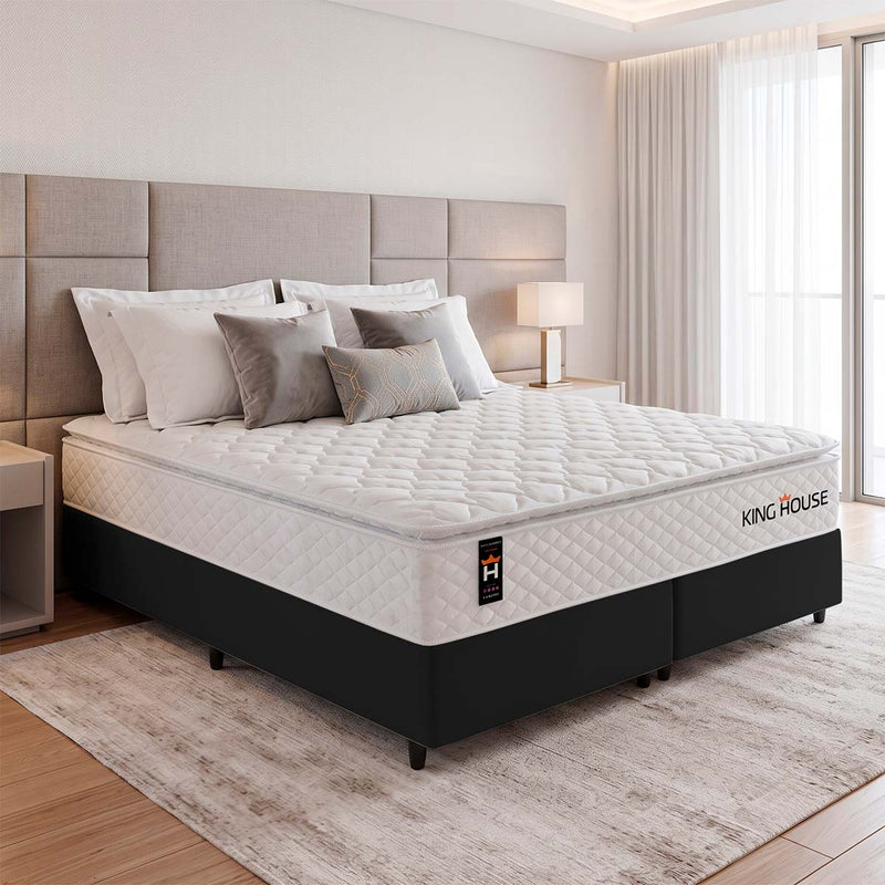 Cama Box Branco e Preto c/ Molas Ensacadas New Moon King 193x203x66 Espuma D26 Suporta 110 kg