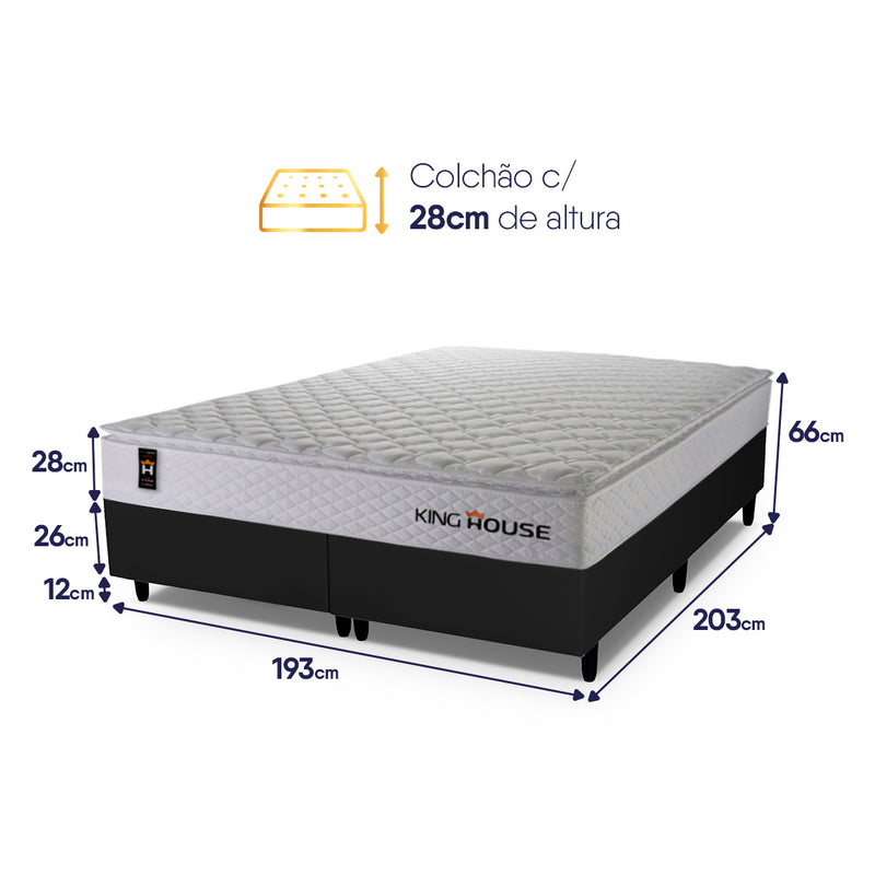 Cama Box Branco e Preto c/ Molas Ensacadas New Moon King 193x203x66 Espuma D26 Suporta 110 kg
