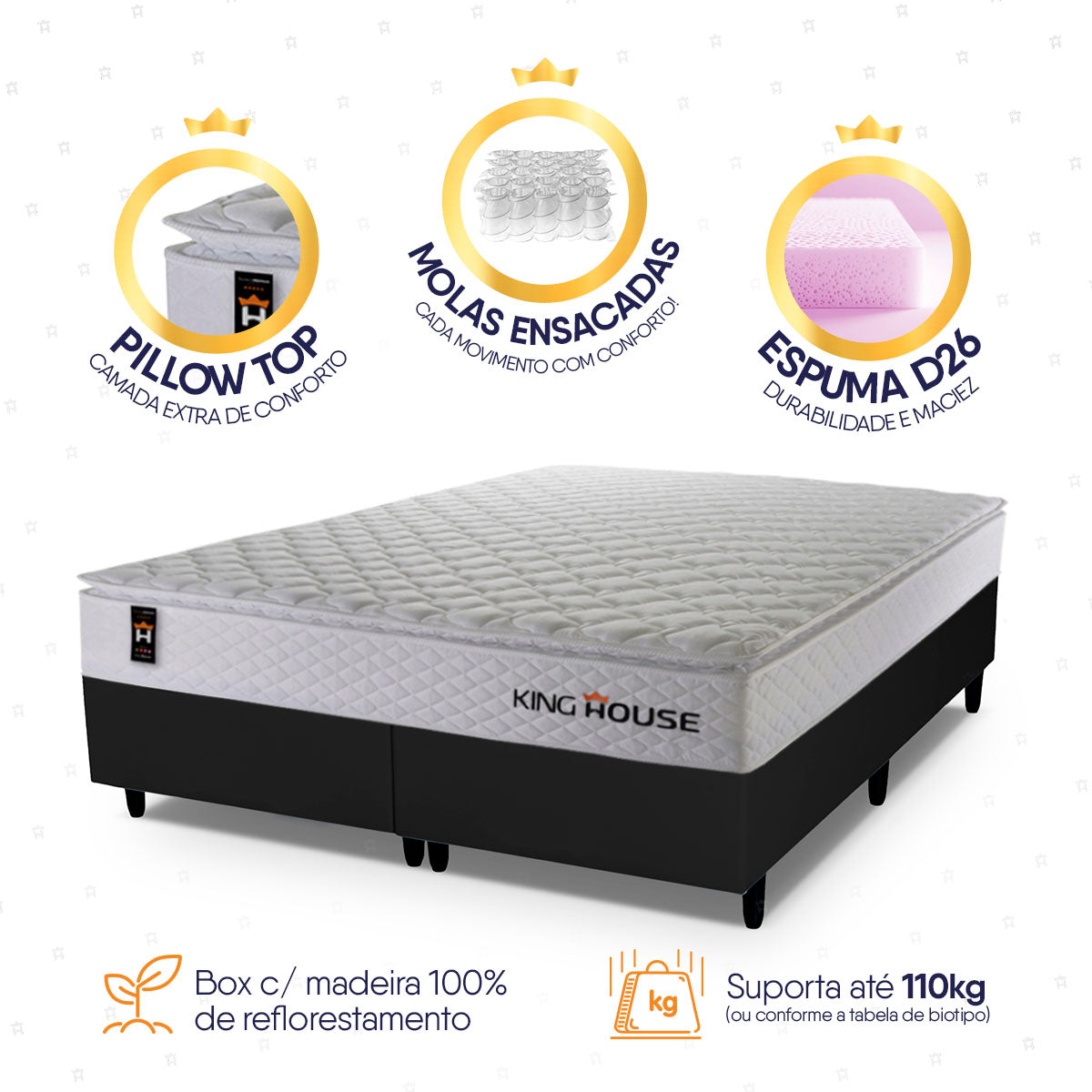 Cama Box Branco e Preto c/ Molas Ensacadas New Moon King 193x203x66 Espuma D26 Suporta 110 kg