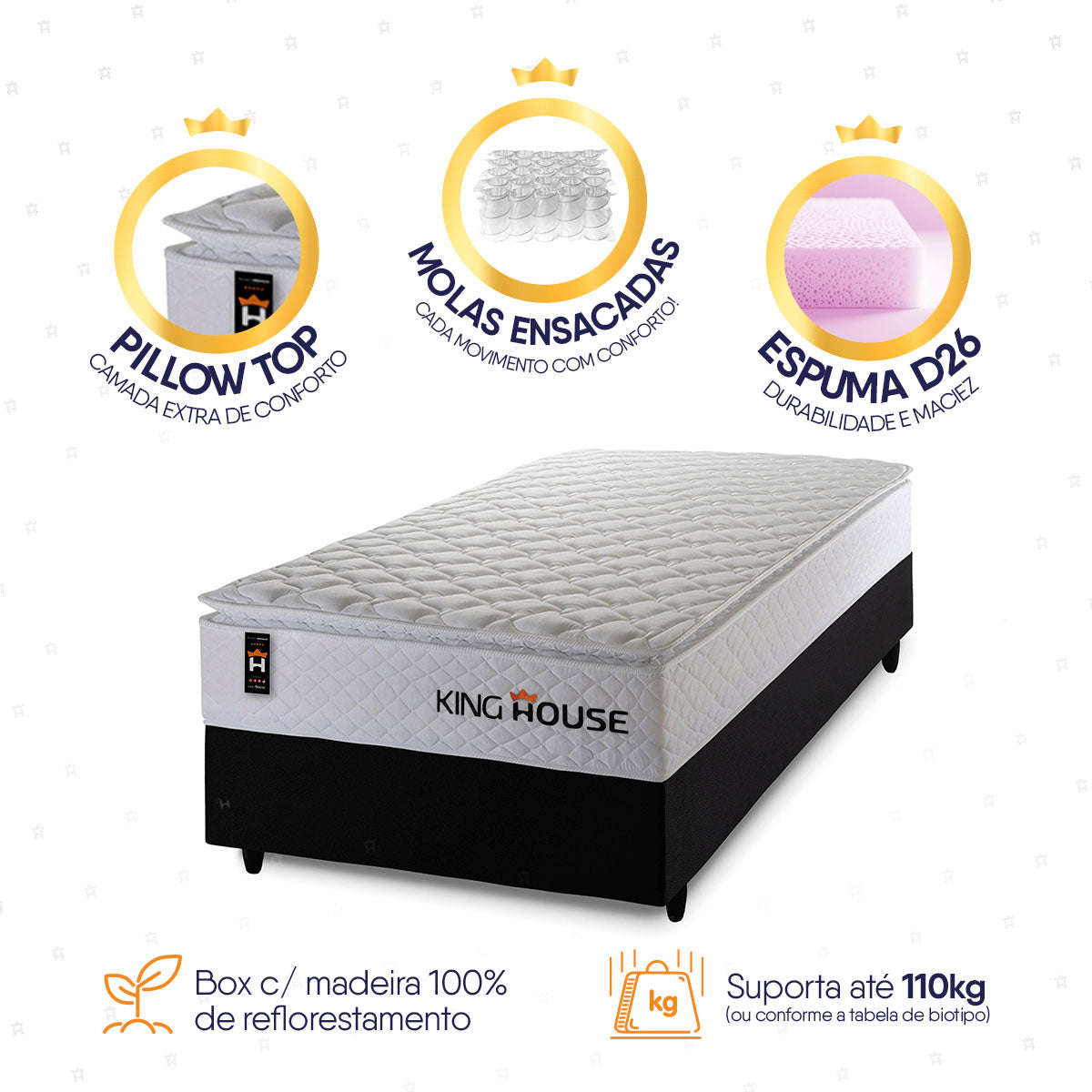 Cama Box Molas Ensacadas New Moon Solteiro 88x188 Preto Espuma D26 Suporta 120 Kg Por Pessoa