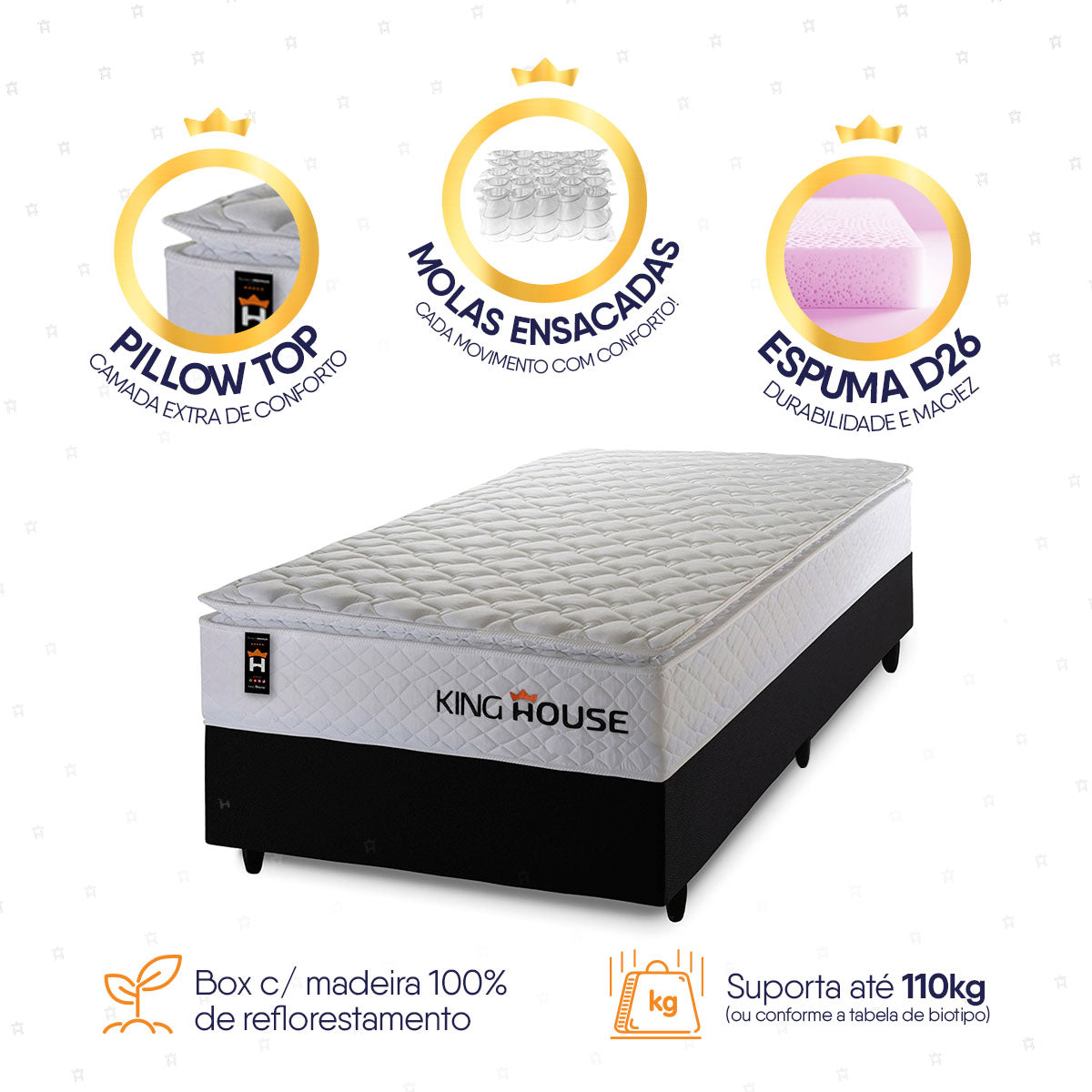 Cama Box Molas Ensacadas New Moon Solteiro 96x203 Preto Espuma D26 Suporta 120 Kg Por Pessoa