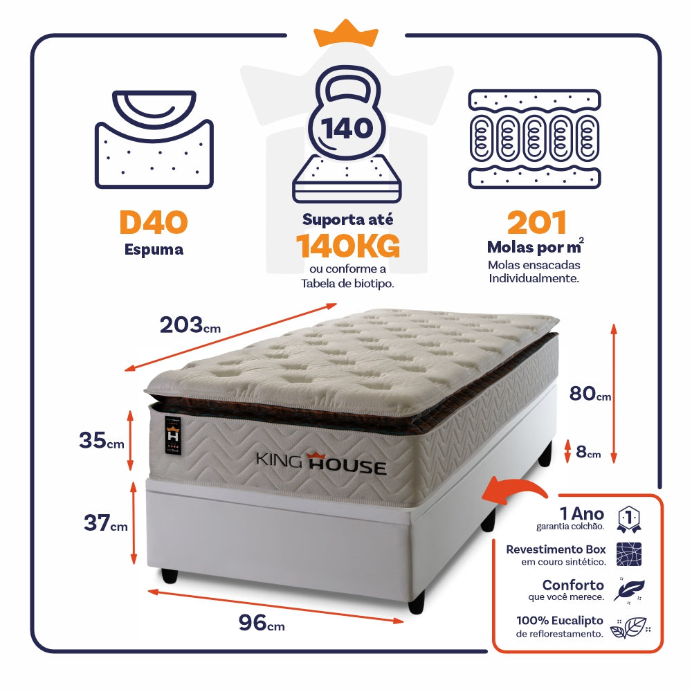 Cama Box Baú New York 96x203 c/ Molas Ensacadas King House