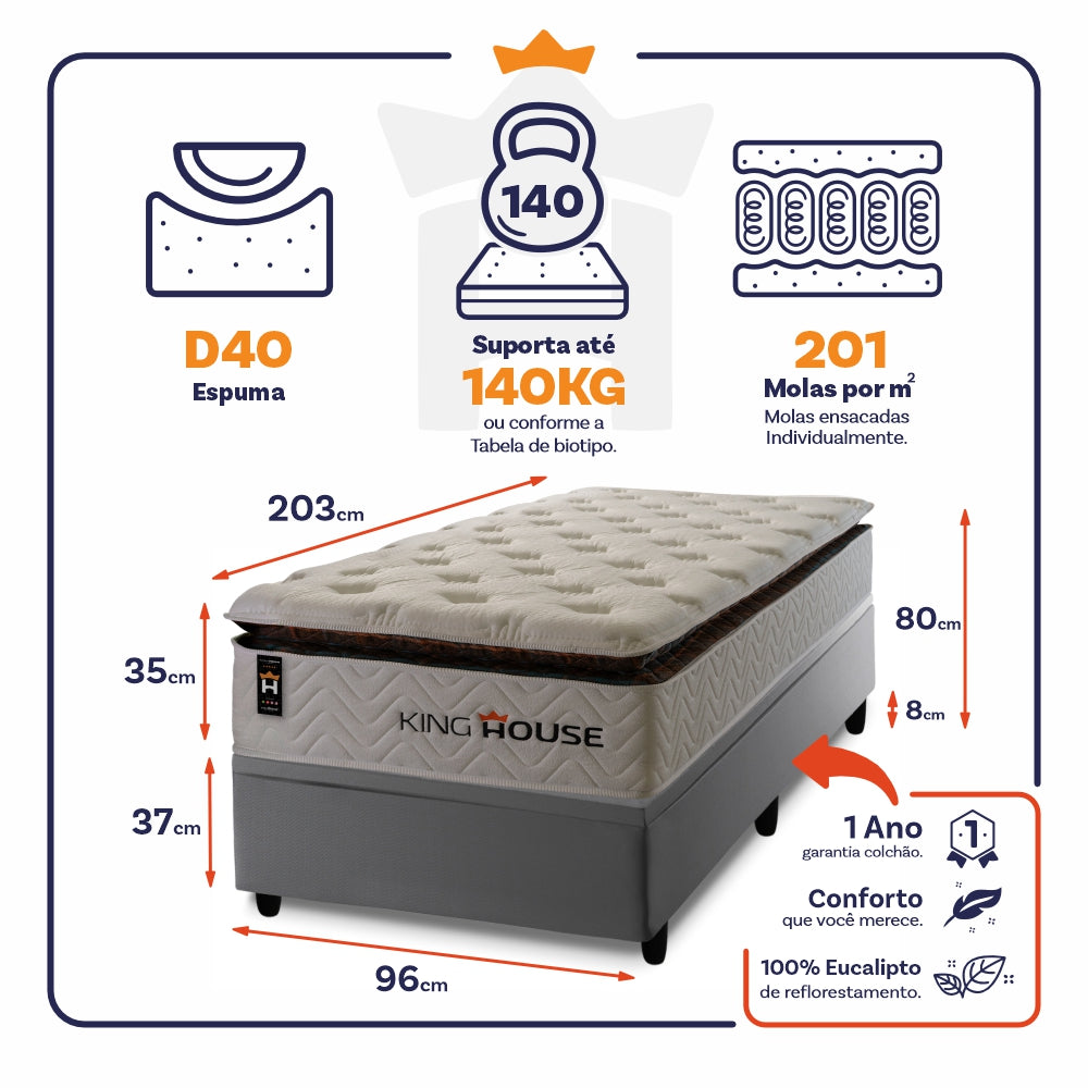 Cama Box Baú New York 96x203 c/ Molas Ensacadas King House