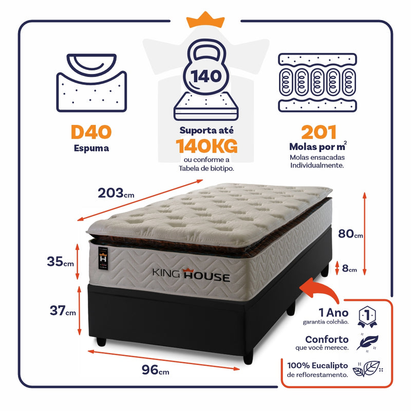 Cama Box Baú New York 96x203 c/ Molas Ensacadas King House