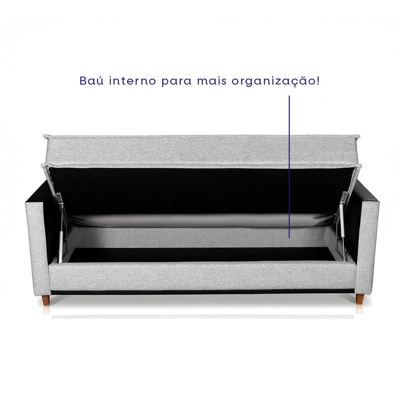Sofá Cama Oryon 2,12m Linho Cinza Reclinável com Baú