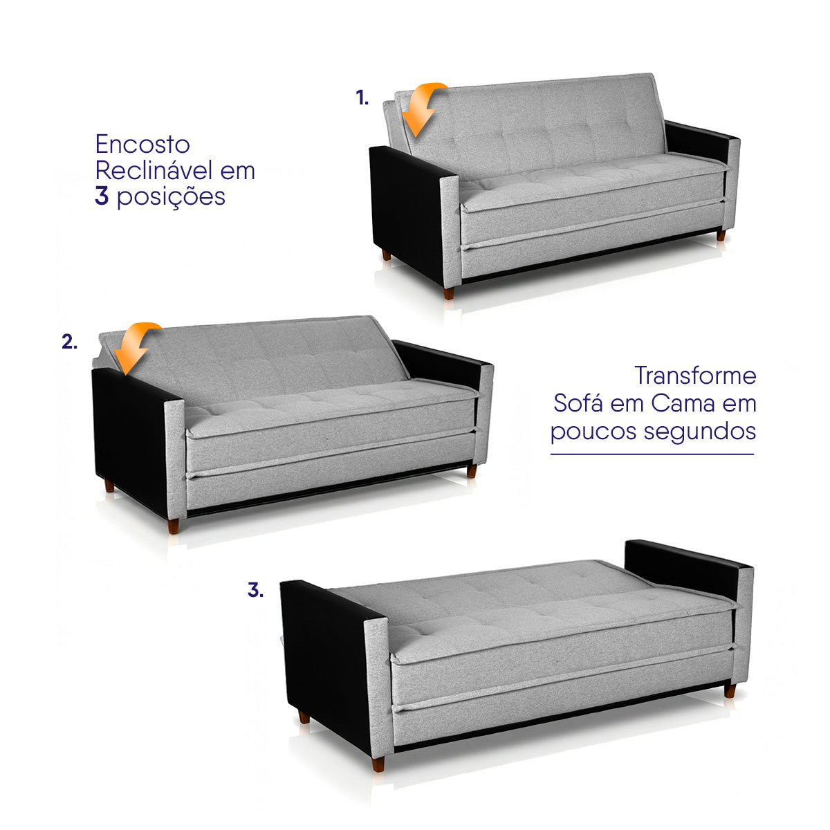 Sofá Cama Oryon 2,12m Linho Cinza Reclinável com Baú
