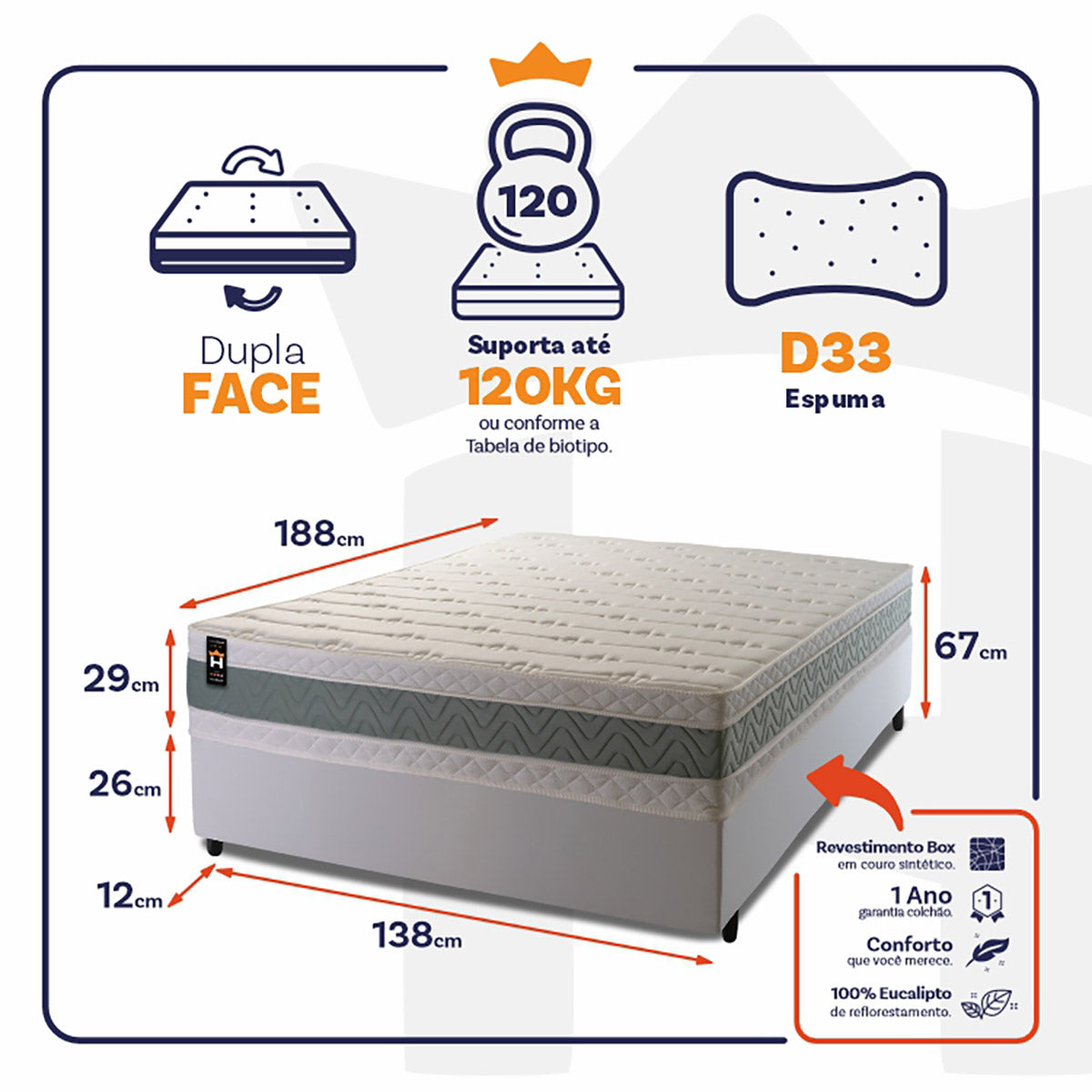 Cama Box Espuma Oxford Casal 138x188 Branco King House