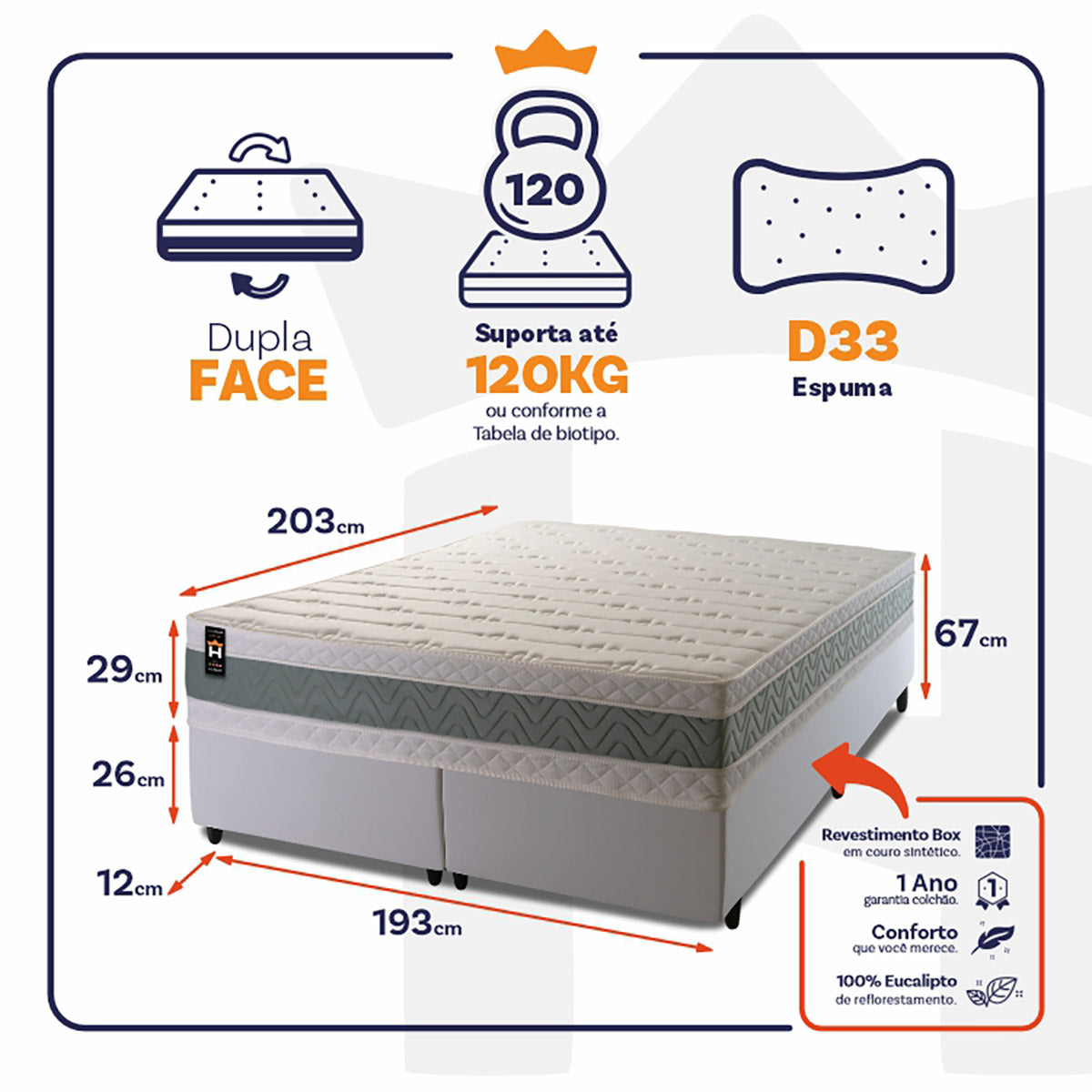 Cama Box Oxford Espuma King 193x203 Branco King House