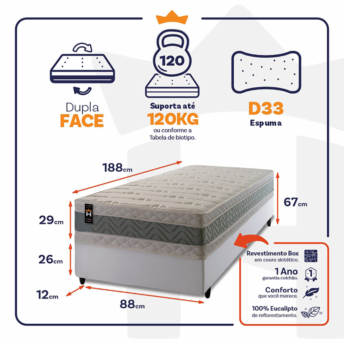 Cama Box Espuma Oxford Solteiro 88x188 Branco King House