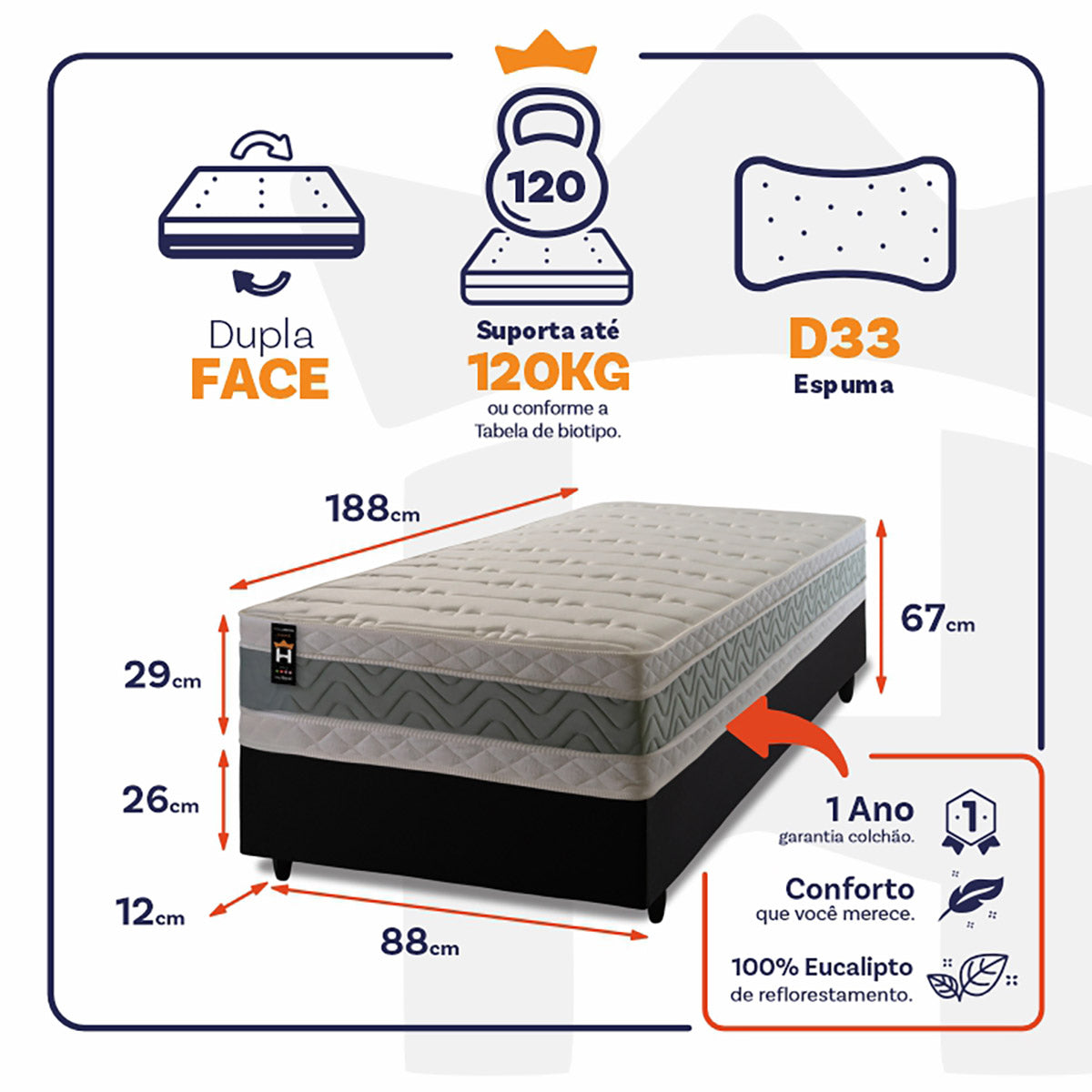 Cama Box Espuma D33 Oxford Solteiro 88x188 Preto King House