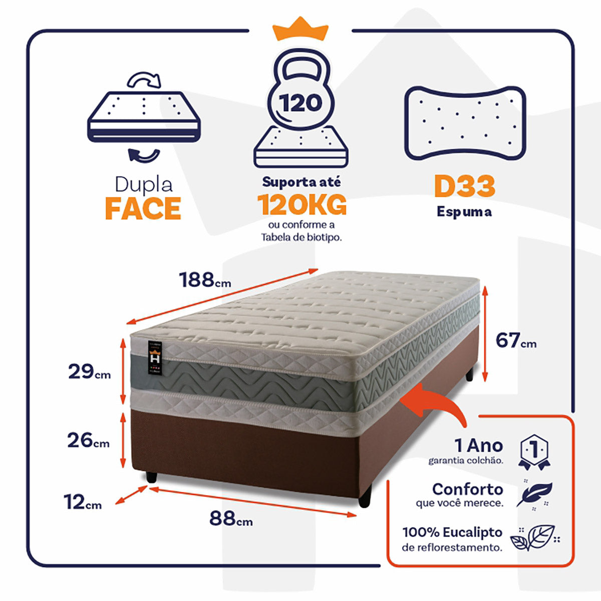 Cama Box Espuma D33 Oxford Solteiro 88x188 Verde King House