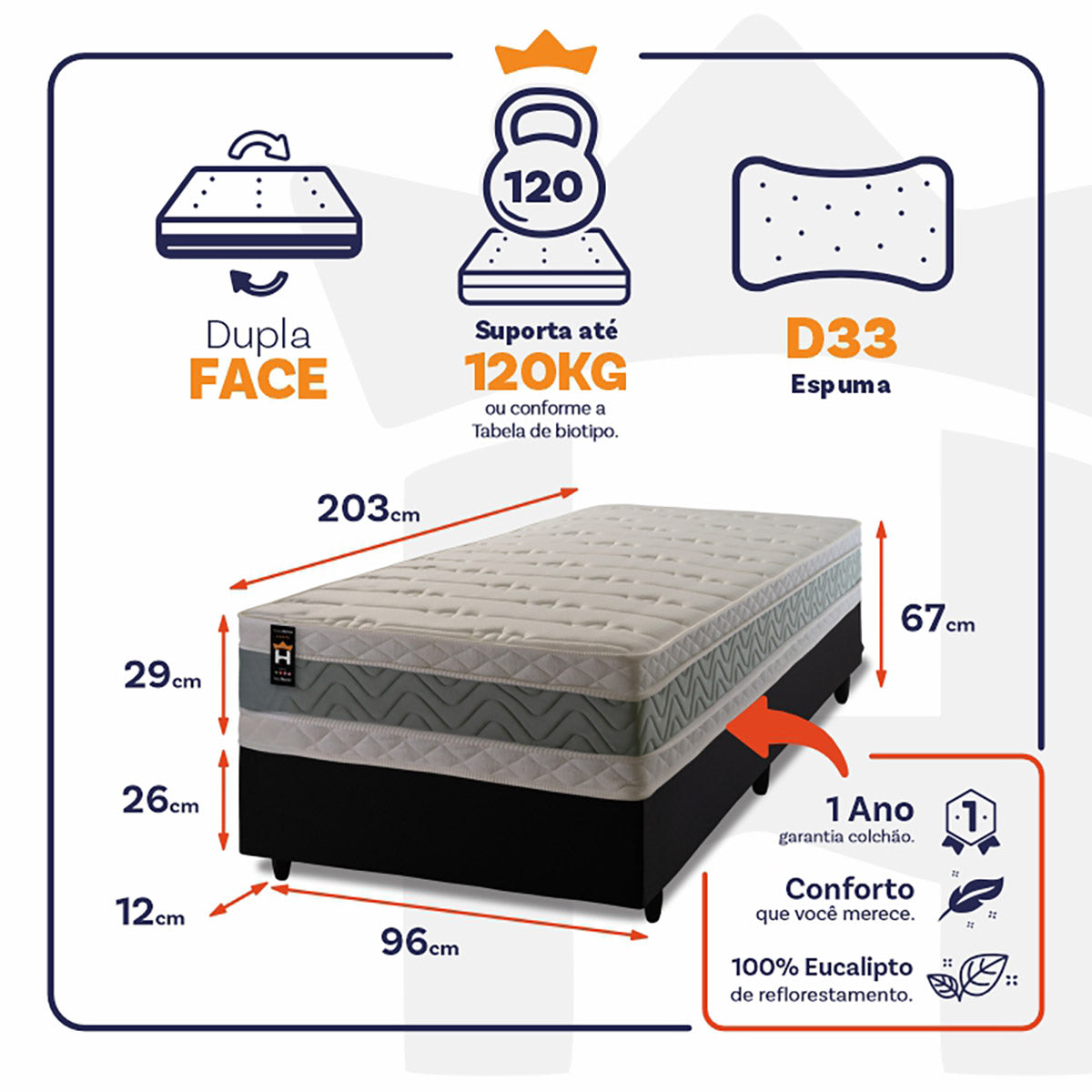 Cama Box Espuma Oxford Solteirão 96x203 Preto King House