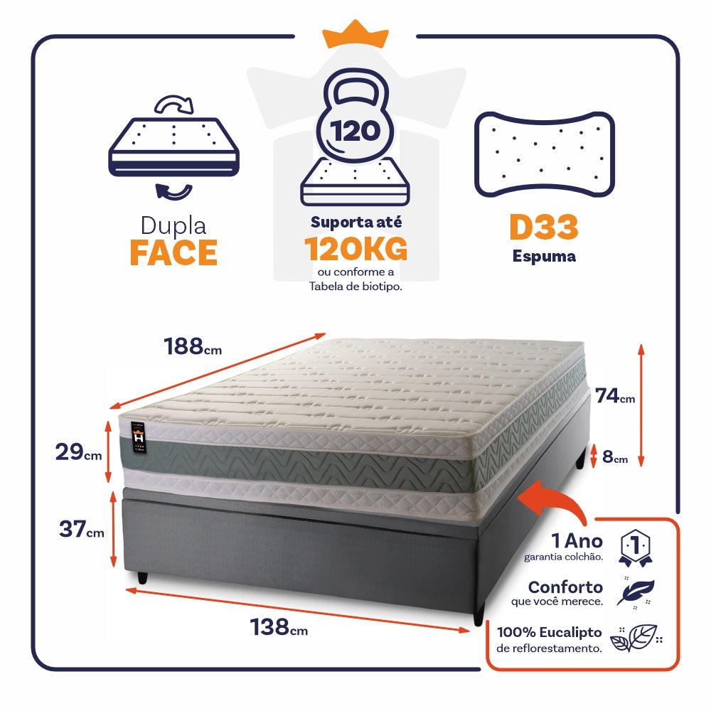 Cama Box Baú Oxford 138x188 Cinza Espuma D33 King House