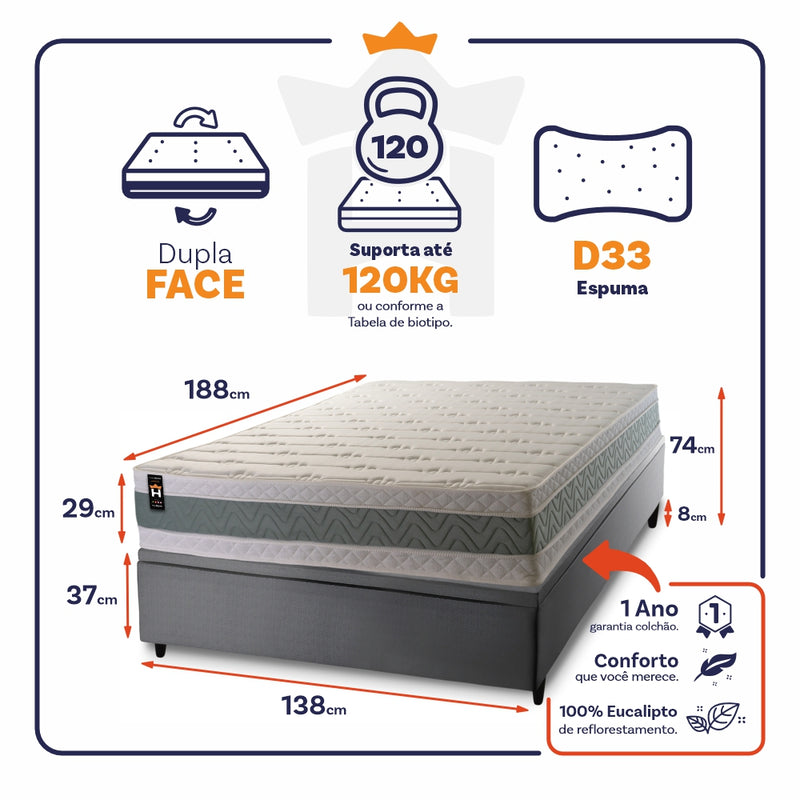Cama Box Baú Oxford 138x188 Cinza Espuma D33 King House