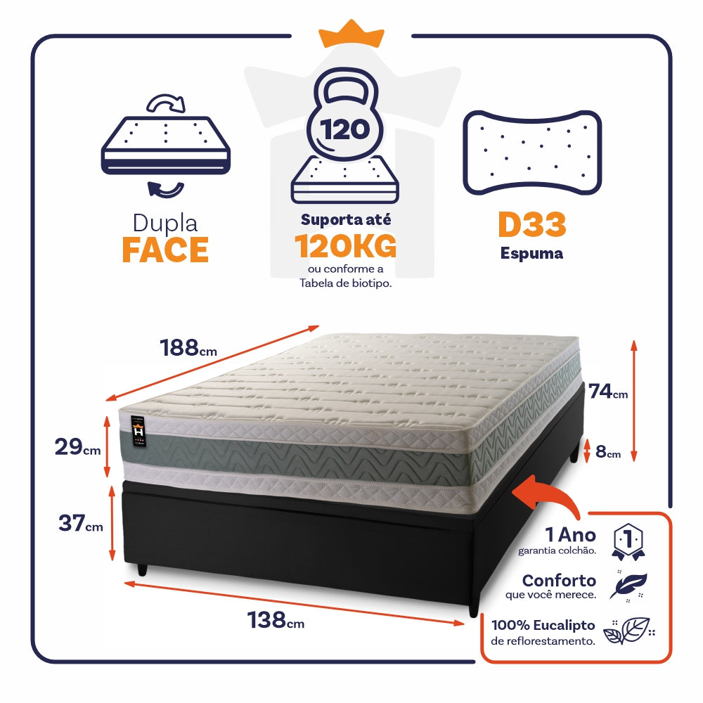 Cama Box Baú Oxford 138x188 Preto Espuma D33 King House