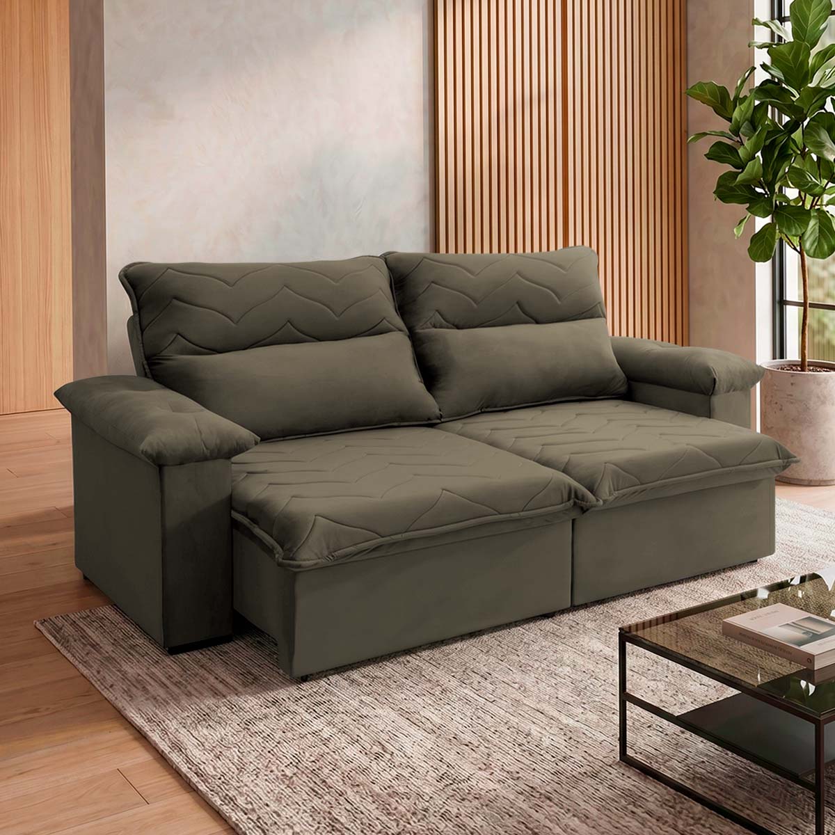 Sofá Retrátil Reclinável Paris 1,50m Suede Velut Marrom Molas no Assento