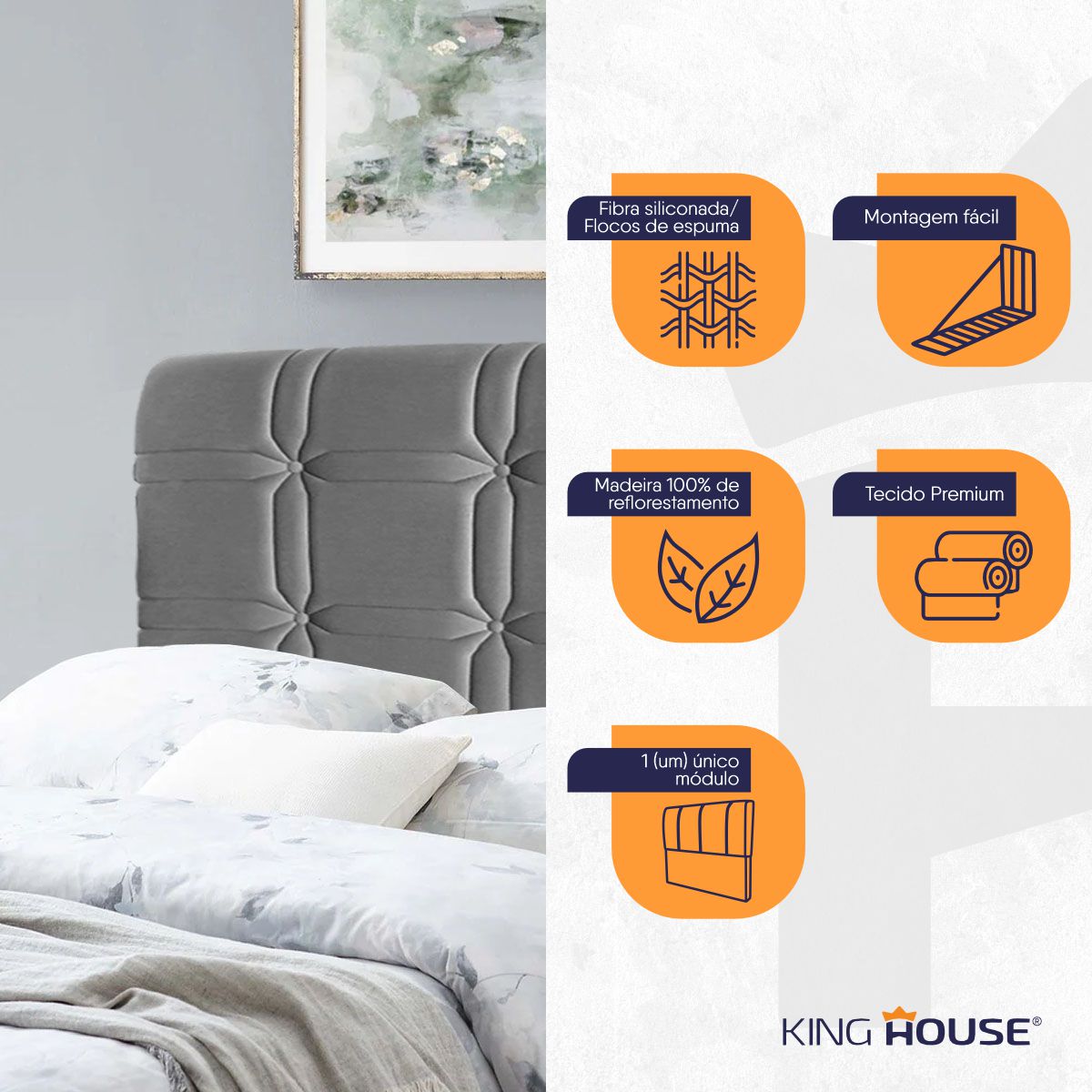 Cabeceira Cama Box Solteiro 90cm Suede Velut Cinza