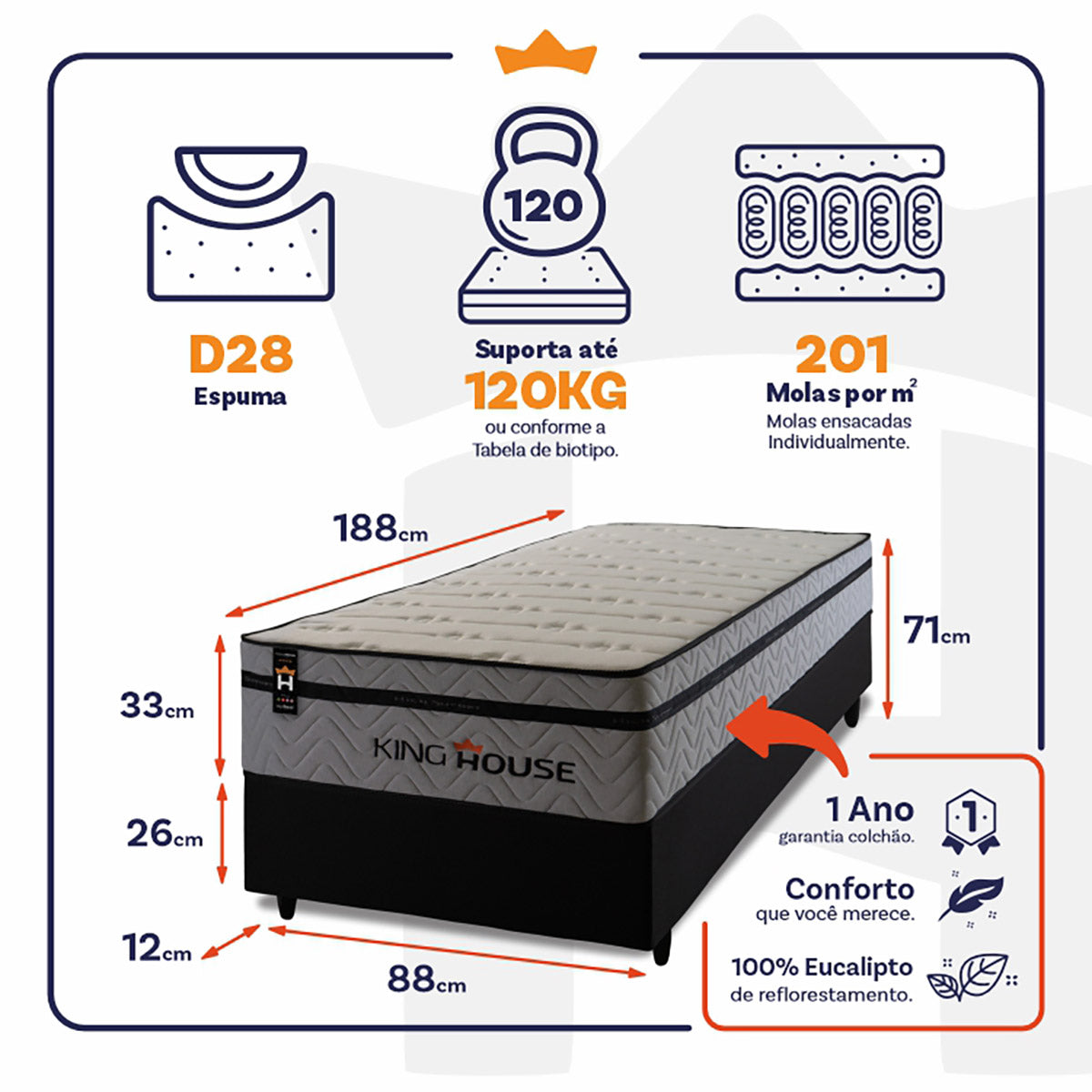 Cama Box Molas Ensacadas Preston Solteiro 88x188 King House