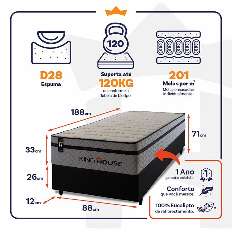 Cama Box Molas Ensacadas Preston Solteiro 88x188 King House