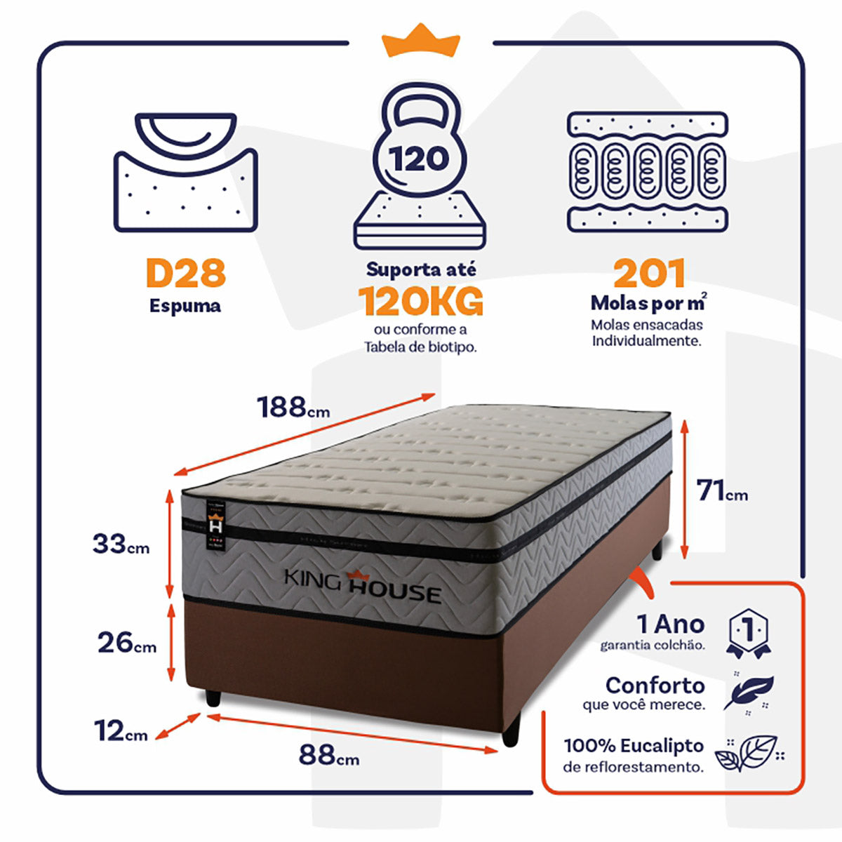 Cama Box Molas Ensacadas Preston Solteiro 88x188 King House