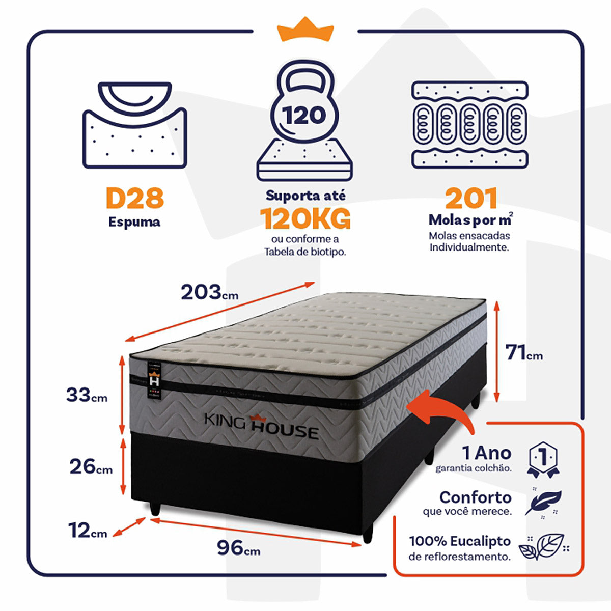 Cama Box Molas Ensacadas Preston Solteirão 96x203 King House