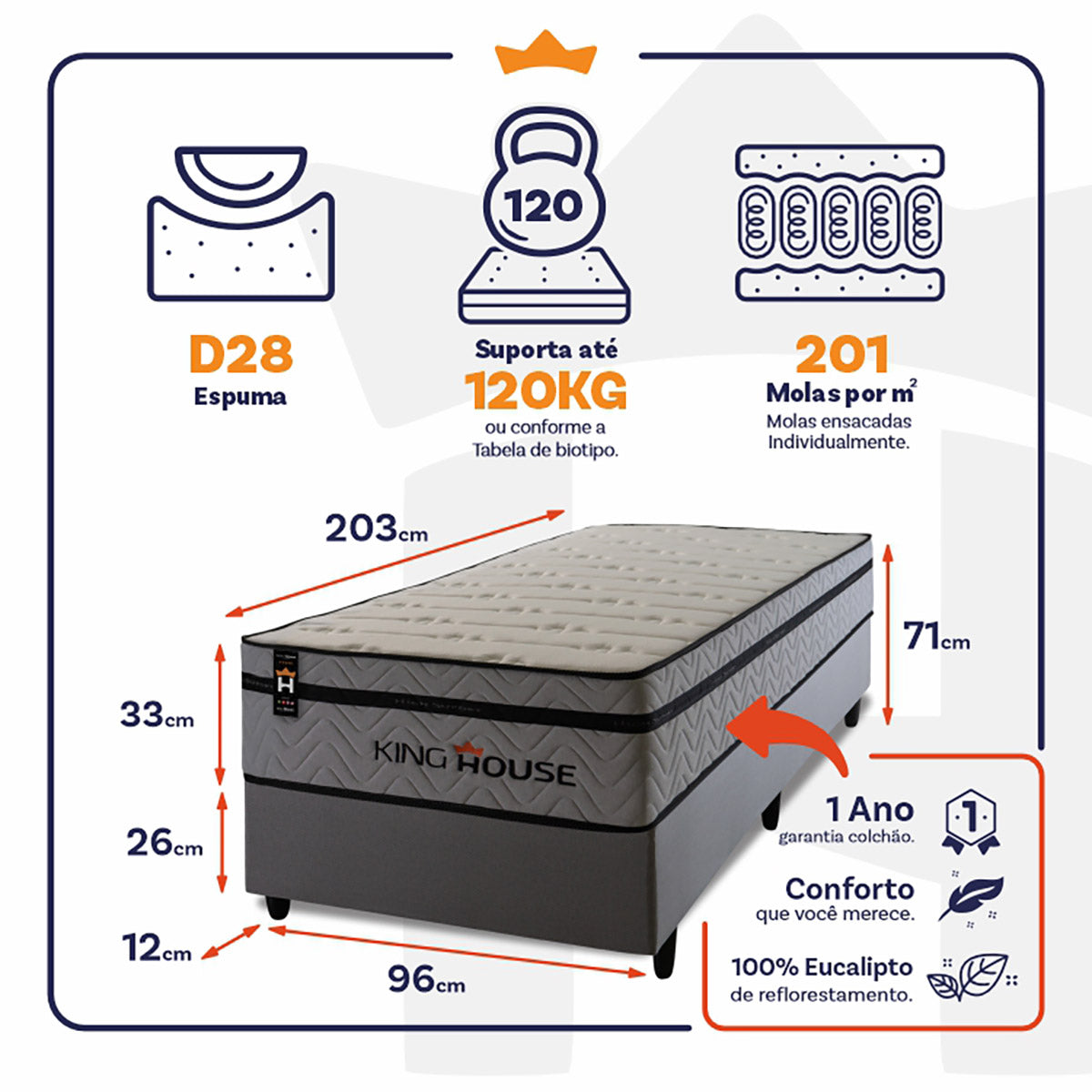 Cama Box Molas Ensacadas Preston Solteirão 96x203 King House
