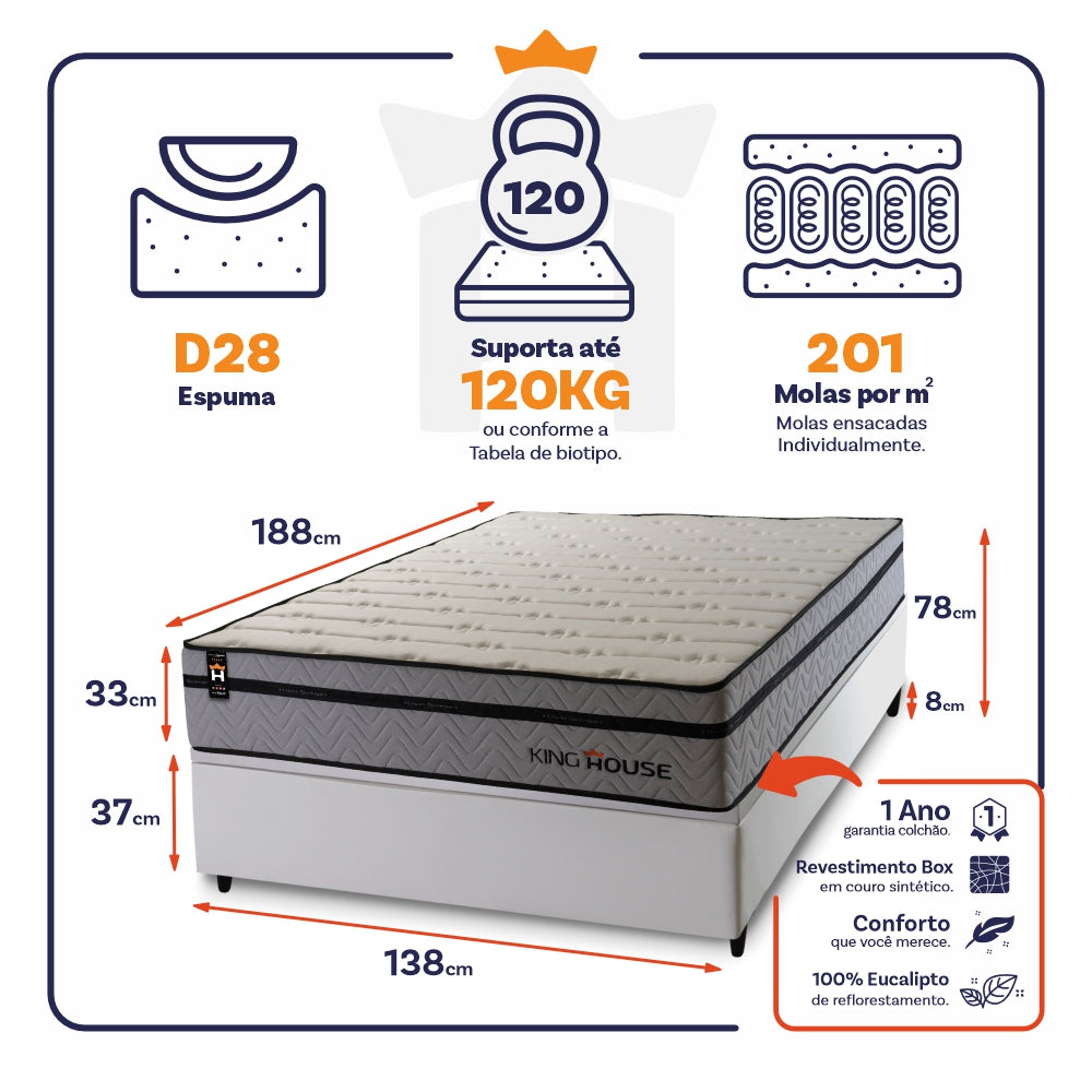 Cama Box Baú Preston 138x188 c/ Molas Ensacadas King House